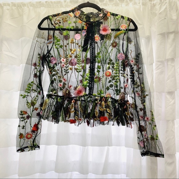 Raylosen Tops - Raylosen Floral Embroidered Mesh Top, Medium